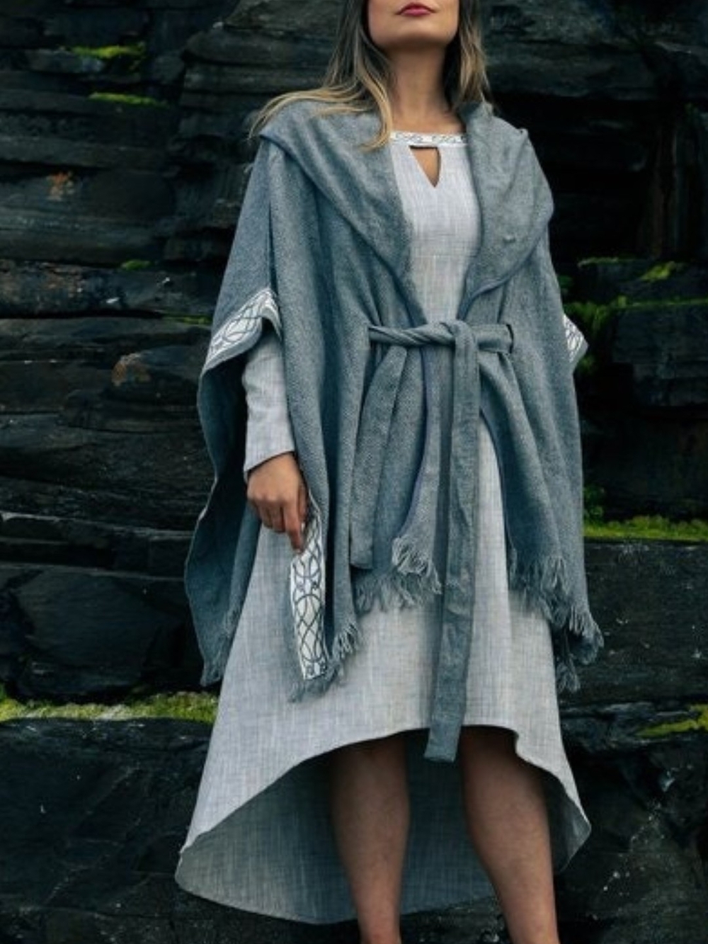 Women's Grey Hooded Fringe Belted Poncho Sweater Celtic Fusion